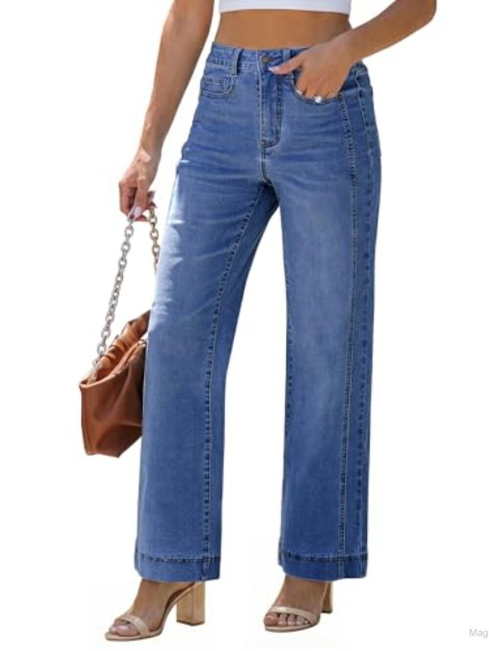 Wide Leg High Waisted Stretchy Denim Jeans with Pockets